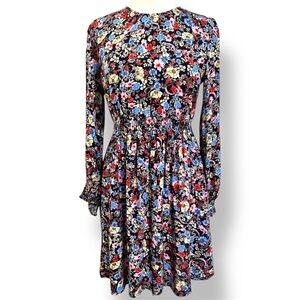 Zara Floral Print Long Sleeve Mini Dress Size L – Ruched Waist, Keyhole Back
